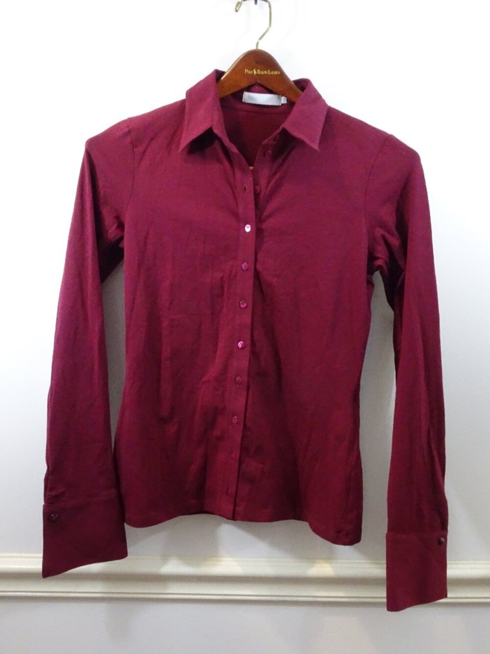 Anne Fontaine Maroon Stretch Cotton Button Down Blouse Size 40 French Cuff